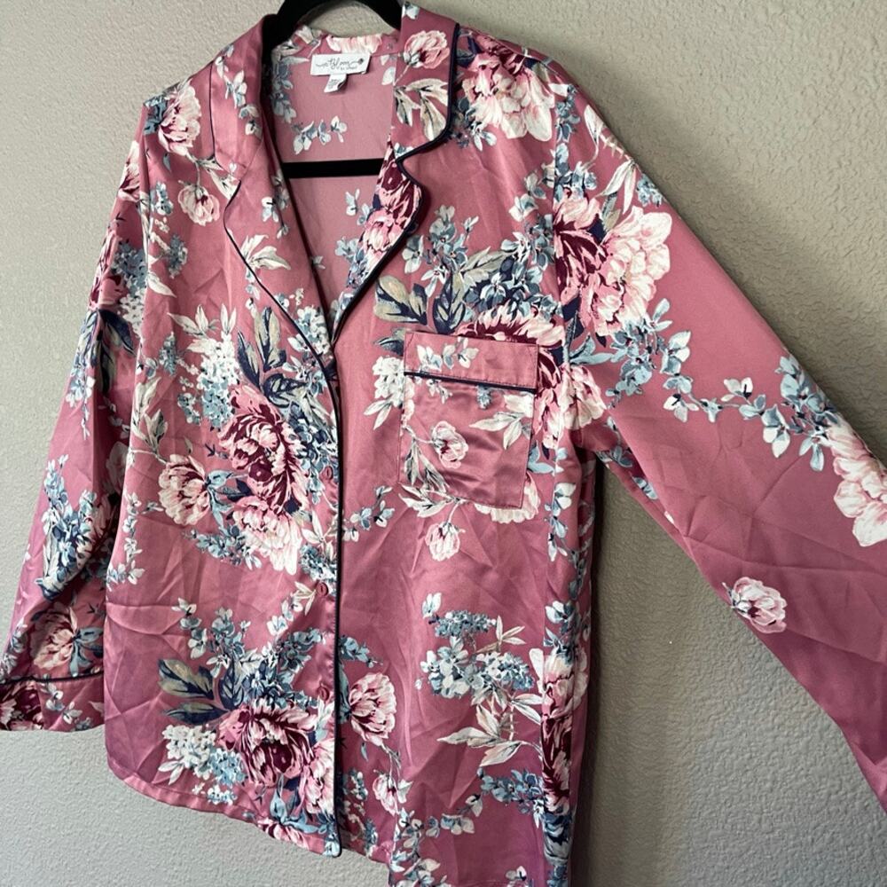 In Bloom by Jonquil Mauve Floral Sleepwear Satin Button Front PJ Shirt Large - Picture 2 of 6